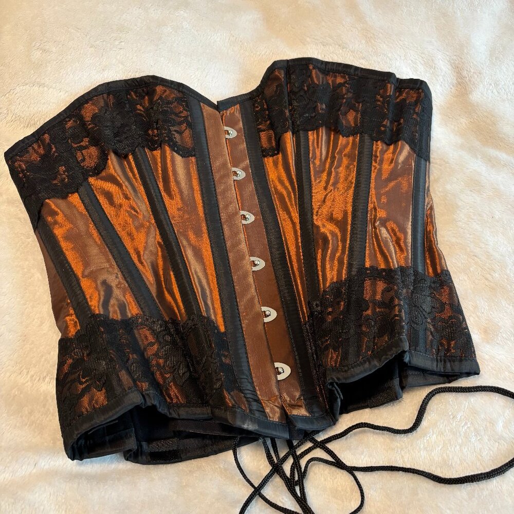 Metallic Brown Overbust Corset with Black Lace - Burleska